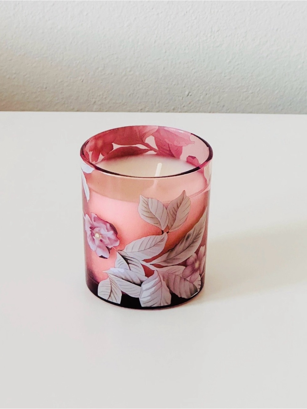 Pink Floral Glass Candle with Botanical Leaf Design